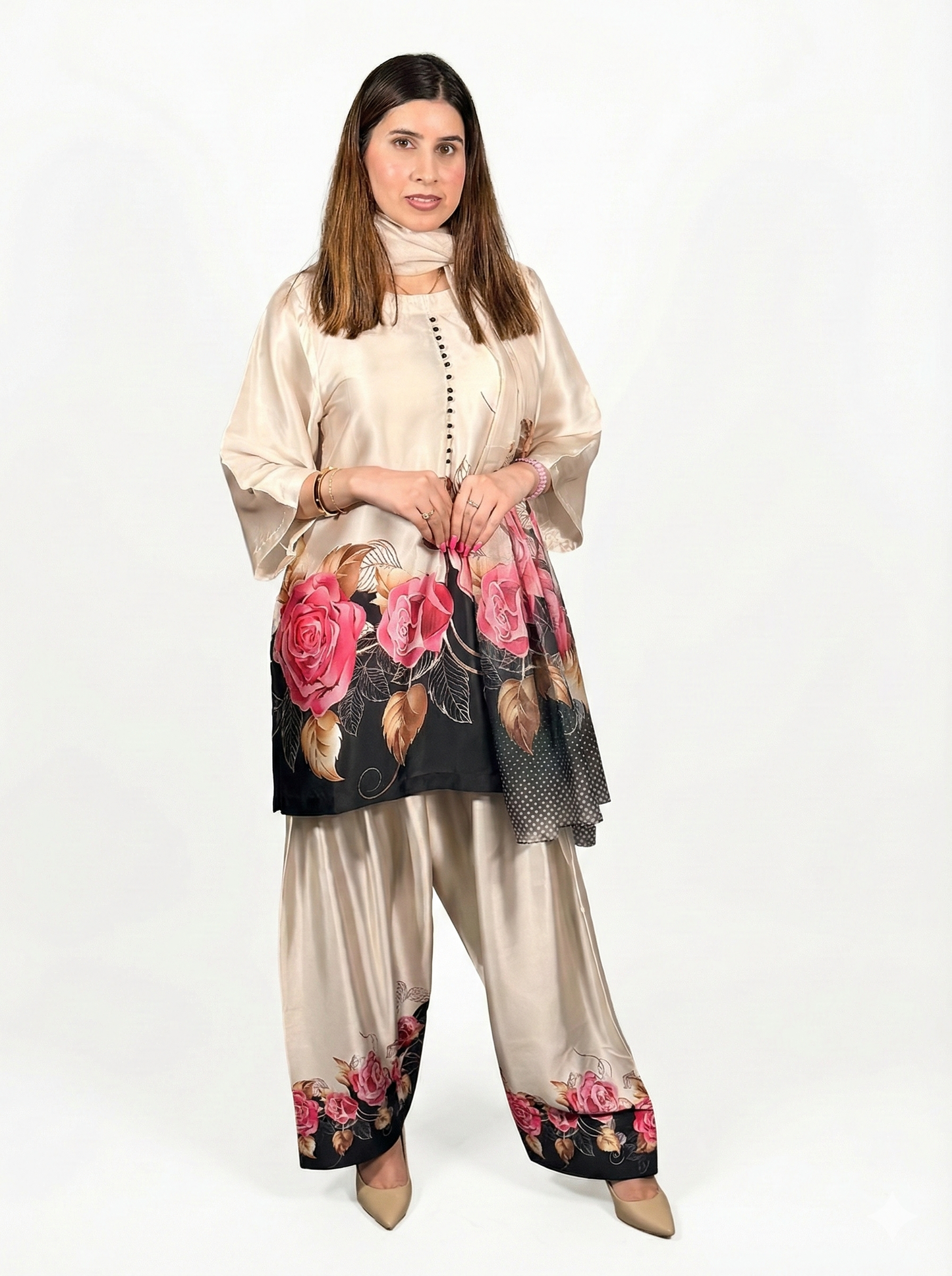 Beige with floral Black & Pink Printed Pakistani Farshi Suit