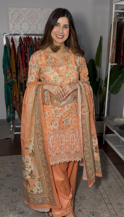 Pakistani Peach pure cotton outfit embroidered