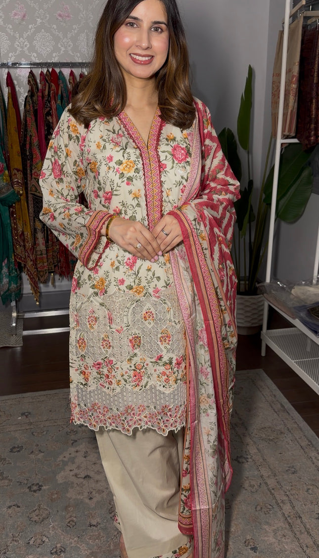 Pakistani Lime pastel green pure cotton embroidered outfit