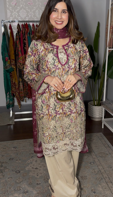Pista and plum cotton outfit embroidered