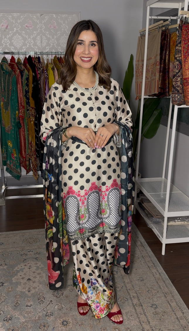 Beige Black Polka Dots Farshi Suit