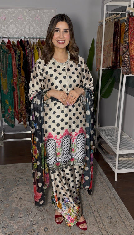 Beige Black Polka Dots Farshi Suit