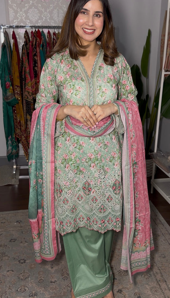 Pakistani Aqua pure cotton embroidered outfit