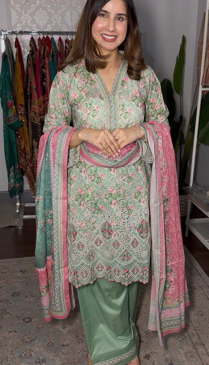 Pakistani Aqua pure cotton embroidered outfit