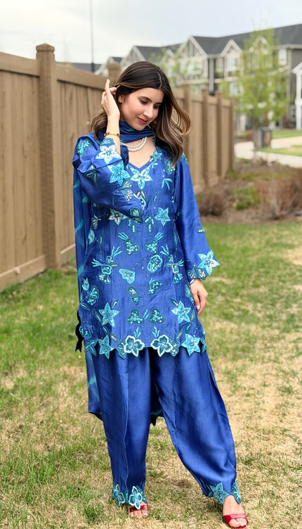 Pure sheesha silk applique hand work outfit