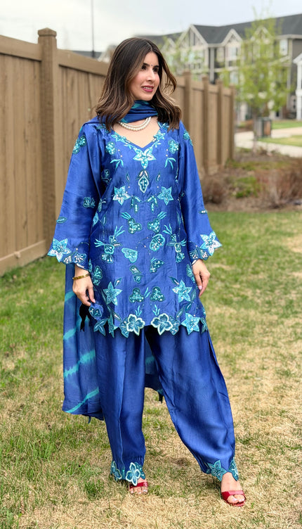 Pure sheesha silk applique hand work outfit