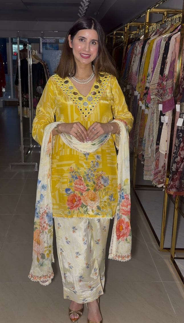 Yellow beige Mirror Crepe Karwa