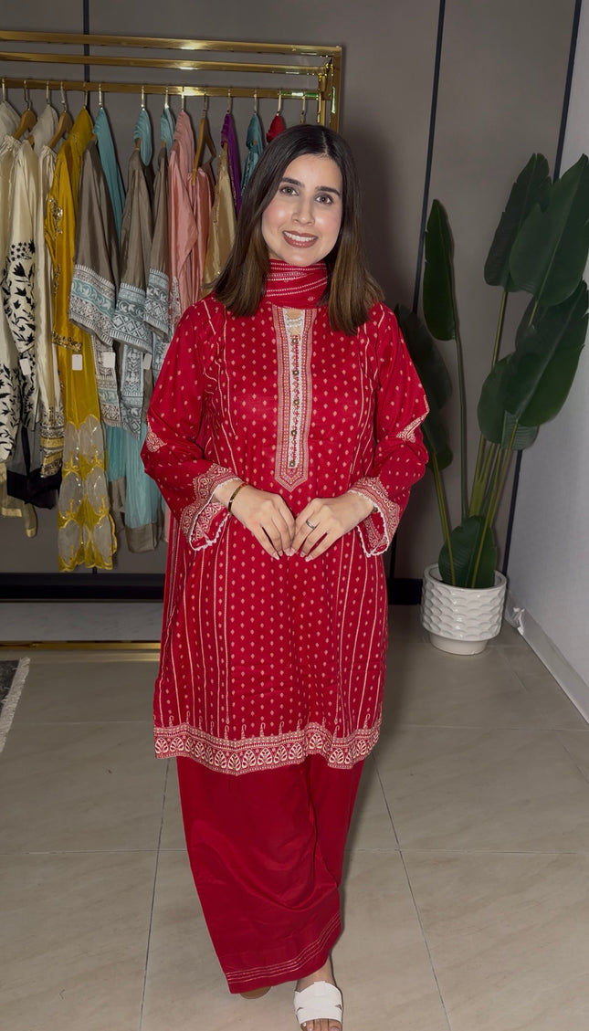 Red Cotton Farshi Suit