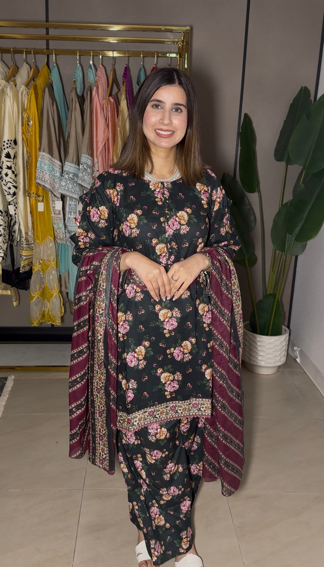 Black Floral Cotton Farshi suit
