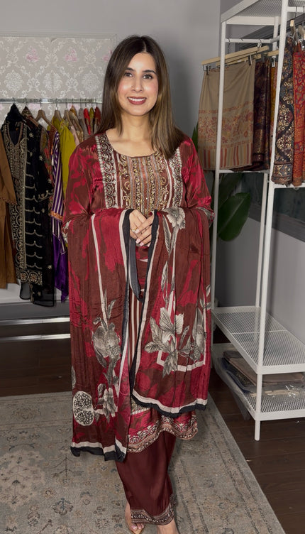 Mehroon Pure Crepe printed with Hand embellishment outfit