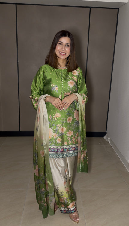 Green & Beige Floral Farshi Suit