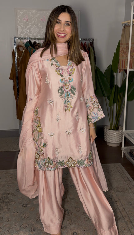 Pure Silk heavy embroidered outfit with short shirt and shalwar