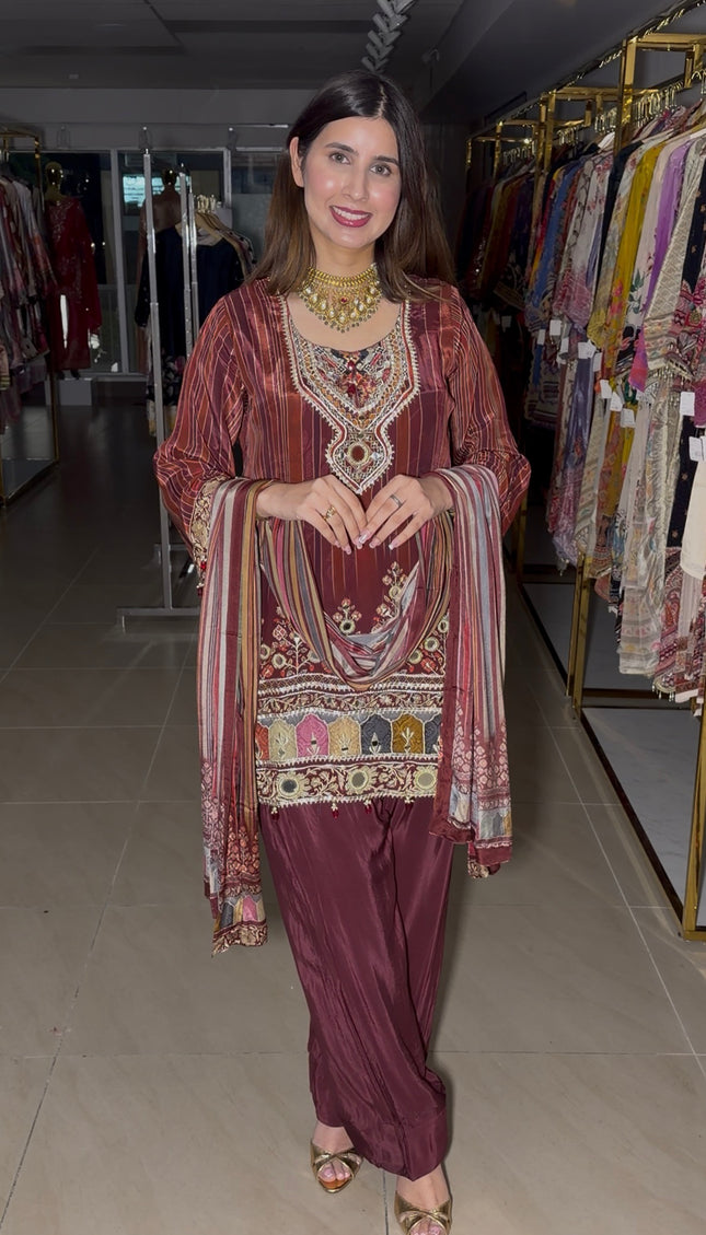 Mehroon Karwa Crepe Suit