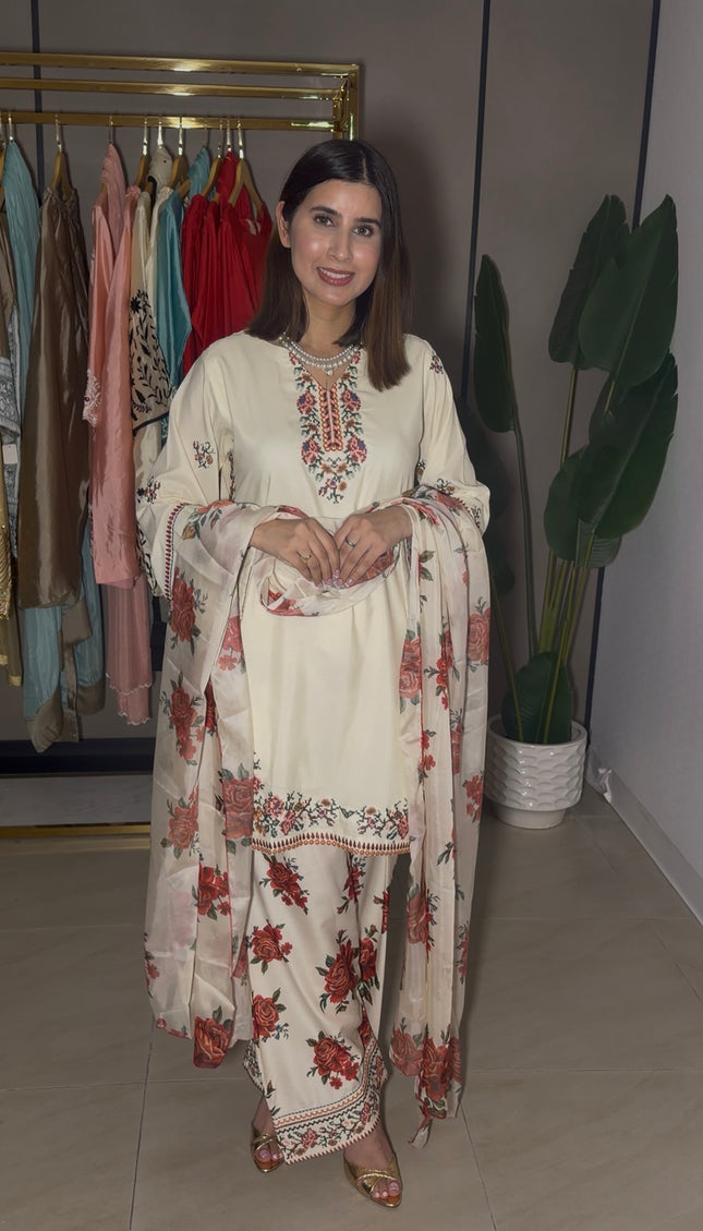 Beige Floral cross-stitch Farshi Suit