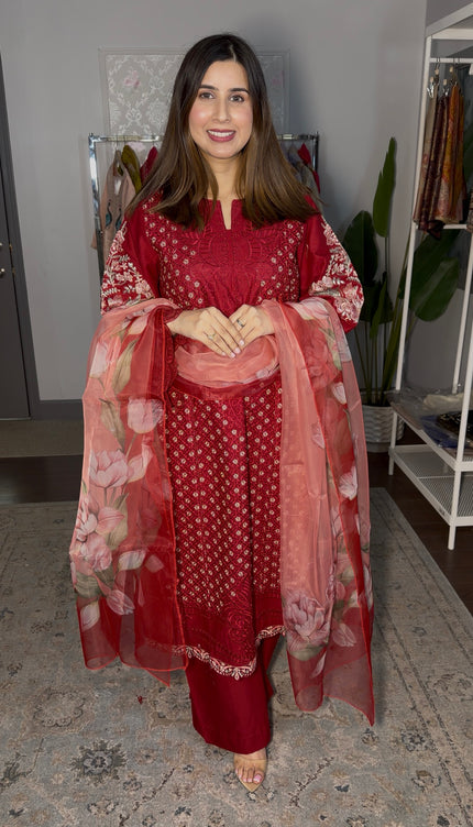 Embroidered chickenkari Red outfit with digital print dupatta