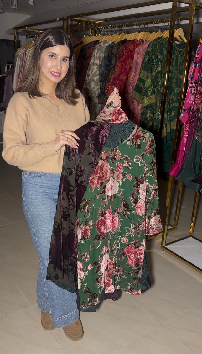 Green Big Floral Print Turskish Velvet