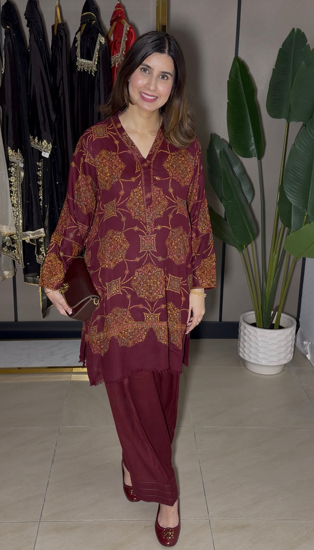Mehroon Chinese Collar Kashmiri Co-Ord