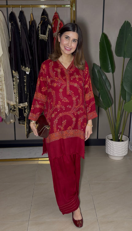 Red Chinese collar Kashmiri Co-Ord