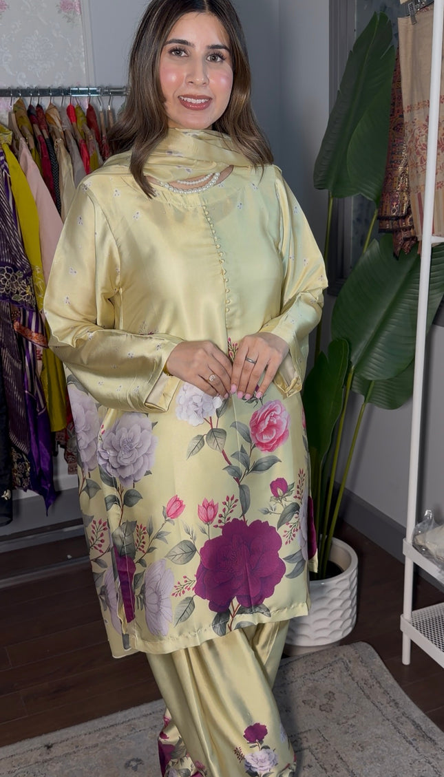 Lime Floral Printed Farshi Suit