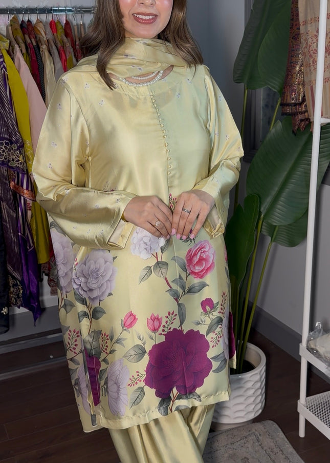 Lime Floral Printed Farshi Suit