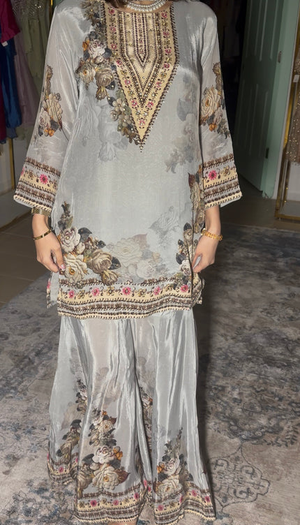 Grey Crepe Sharara suit