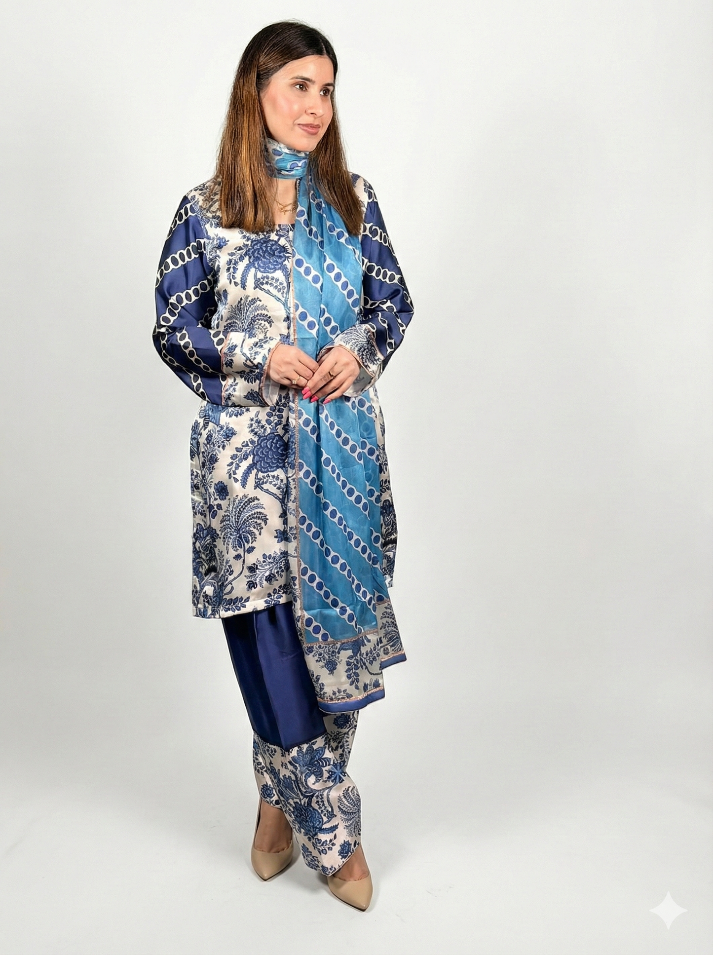 White & Blue floral Print Pakistani Farshi suit
