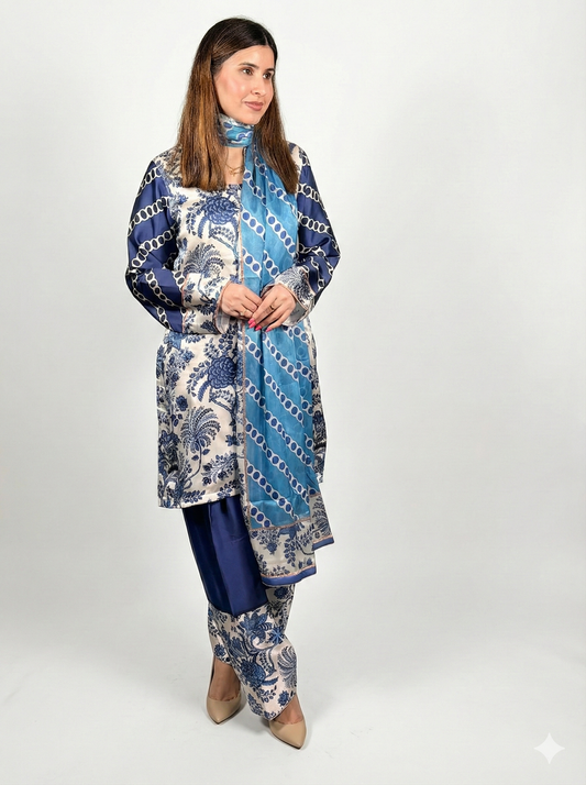 White & Blue floral Print Pakistani Farshi suit