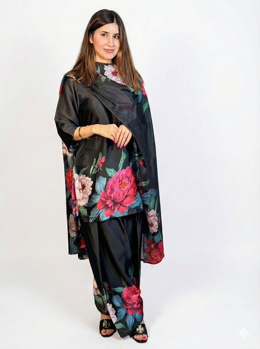 Black Pink Floral Farshi Suit