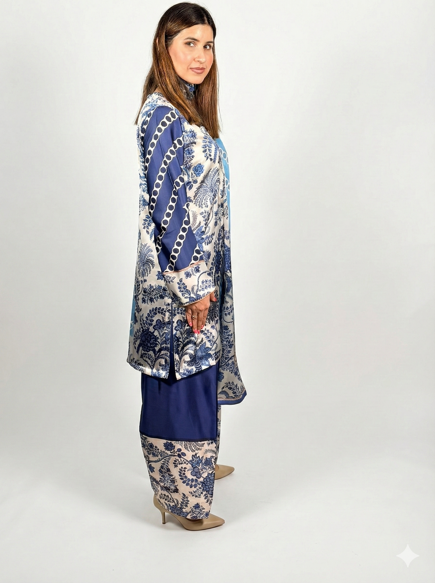 White & Blue floral Print Pakistani Farshi suit