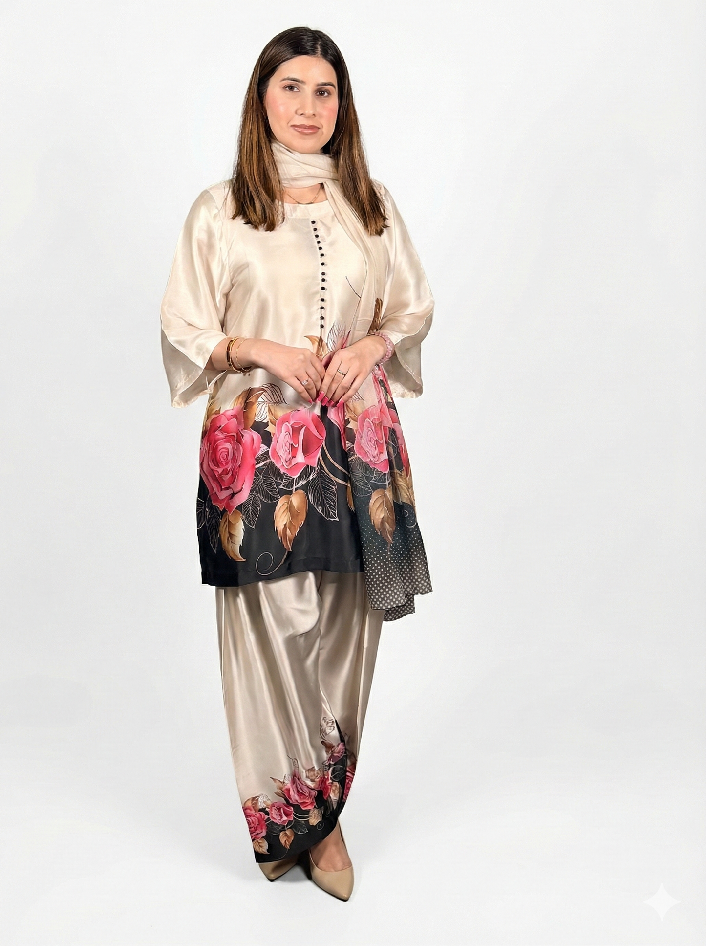 Beige with floral Black & Pink Printed Pakistani Farshi Suit