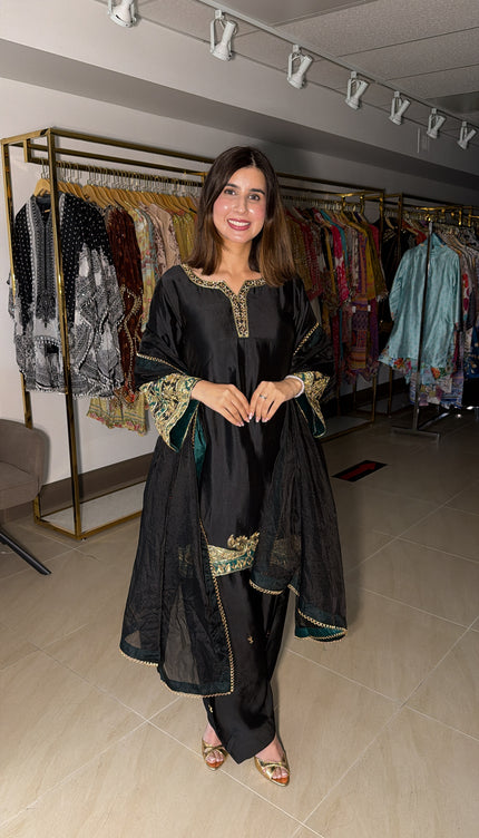 Black and green hand embroidered outfit