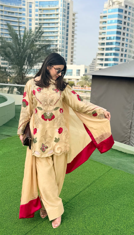 Pure Sheesha Silk Applique Work with Short Shirt & Farshi Salwar