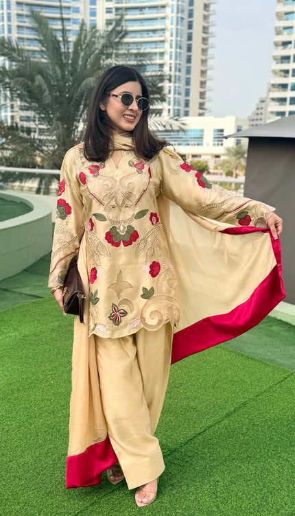 Pure Sheesha Silk Applique Work with Short Shirt & Farshi Salwar