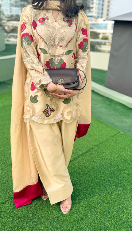 Pure Sheesha Silk Applique Work with Short Shirt & Farshi Salwar