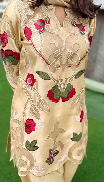 Pure Sheesha Silk Applique Work with Short Shirt & Farshi Salwar