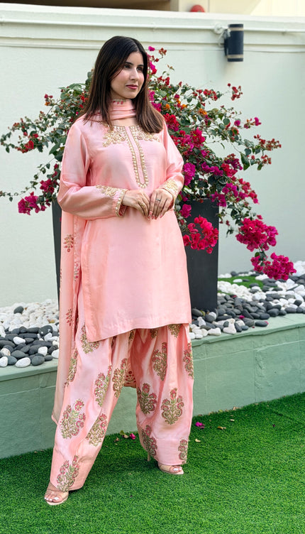Pure Sheesha Silk Hand Embroidered Outfit with Short Shirt & Farshi Salwar