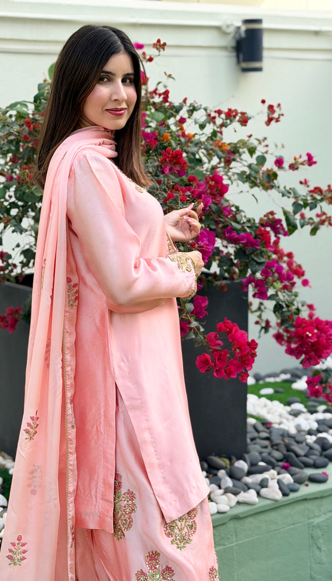 Pure Sheesha Silk Hand Embroidered Outfit with Short Shirt & Farshi Salwar