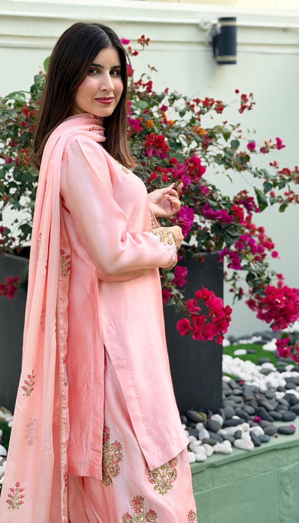Pure Sheesha Silk Hand Embroidered Outfit with Short Shirt & Farshi Salwar