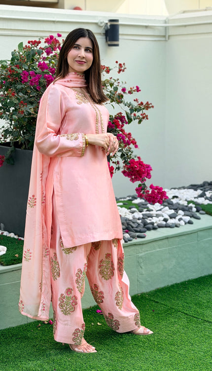 Pure Sheesha Silk Hand Embroidered Outfit with Short Shirt & Farshi Salwar