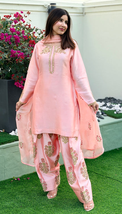 Pure Sheesha Silk Hand Embroidered Outfit with Short Shirt & Farshi Salwar