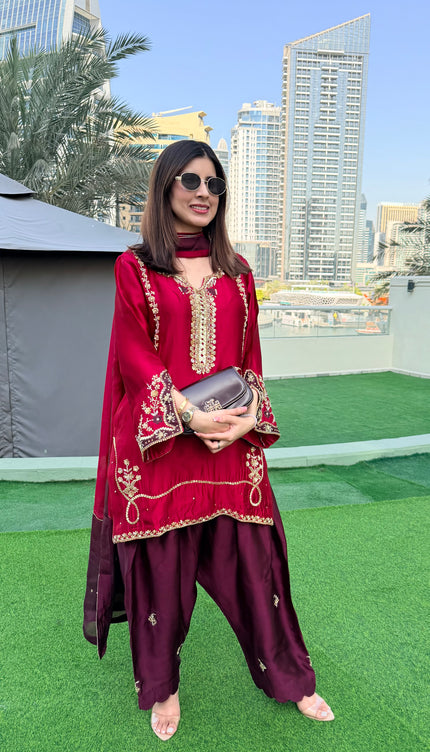 RANI - Pure Sheesha Silk Hand Embroidered Short Shirt With Farshi Salwar