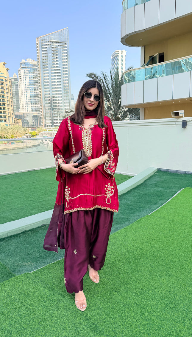 RANI - Pure Sheesha Silk Hand Embroidered Short Shirt With Farshi Salwar