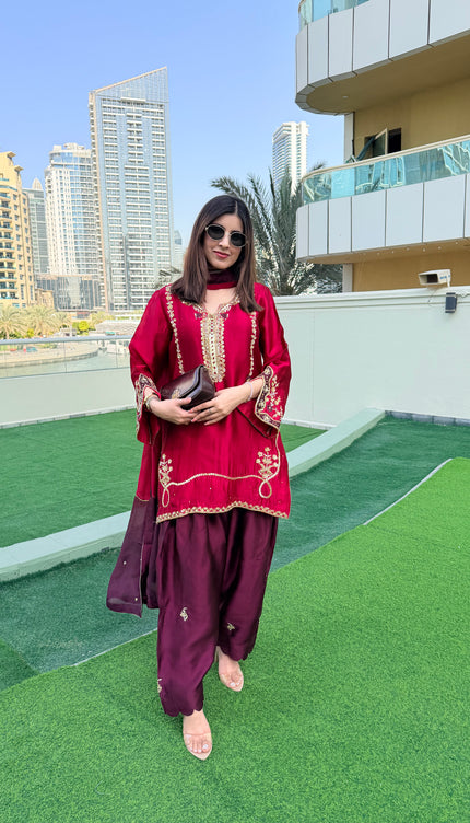 RANI - Pure Sheesha Silk Hand Embroidered Short Shirt With Farshi Salwar