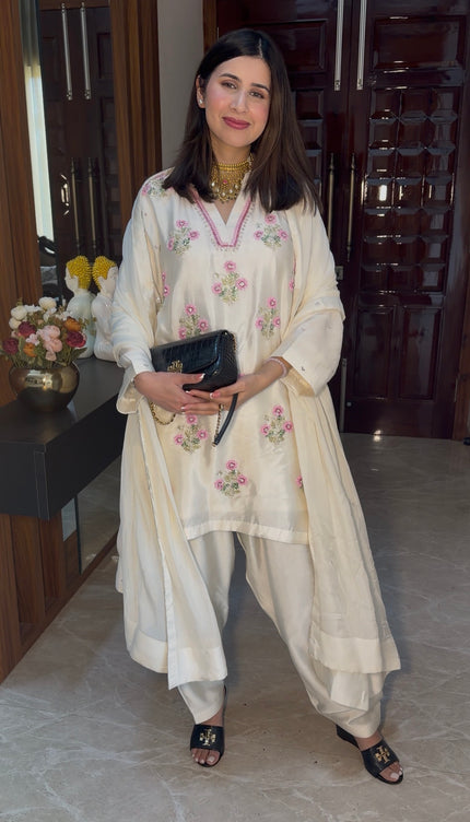 Pearl - Pure Sheesha Silk Hand Embroidered Short with Salwar