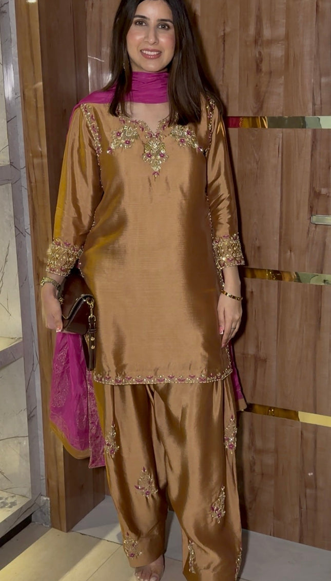 Brown Pink - Pure Sheesha Silk Hand embroidered Short With Farshi Salwar
