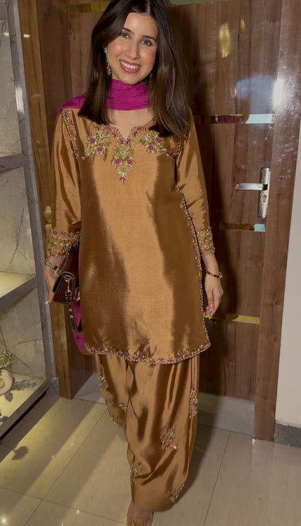 Brown Pink - Pure Sheesha Silk Hand embroidered Short With Farshi Salwar