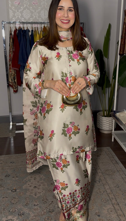 All over Beige with Small Pink Flowers Farshi Suit