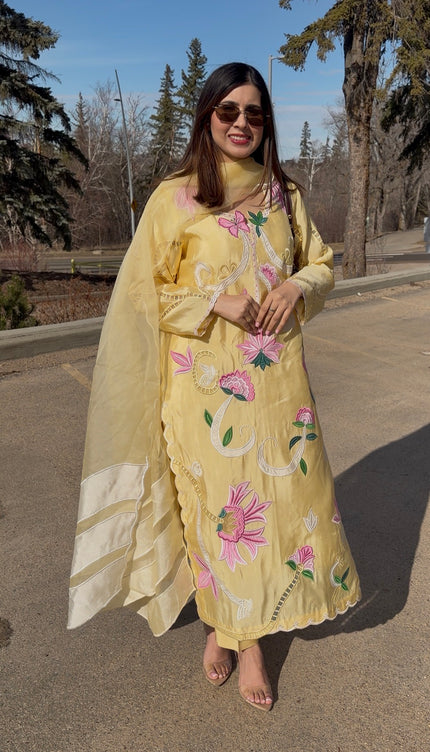 BUTTER YELLOW PURE SHEESHA SILK APPLIQUE WORK