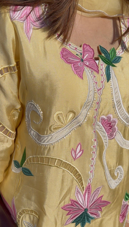 BUTTER YELLOW PURE SHEESHA SILK APPLIQUE WORK