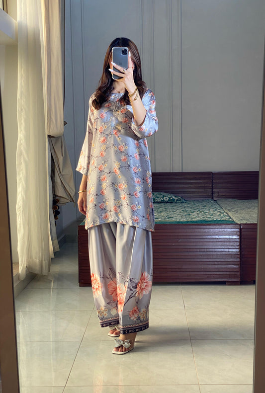 Grey Pakistani Farshi suit with Peach flower